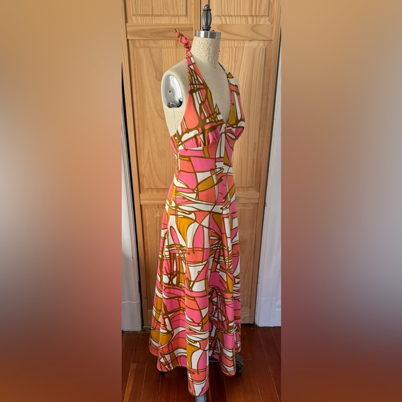 1970s Geometric Print Polyester Halter Maxi Dress - Picture 3 of 8